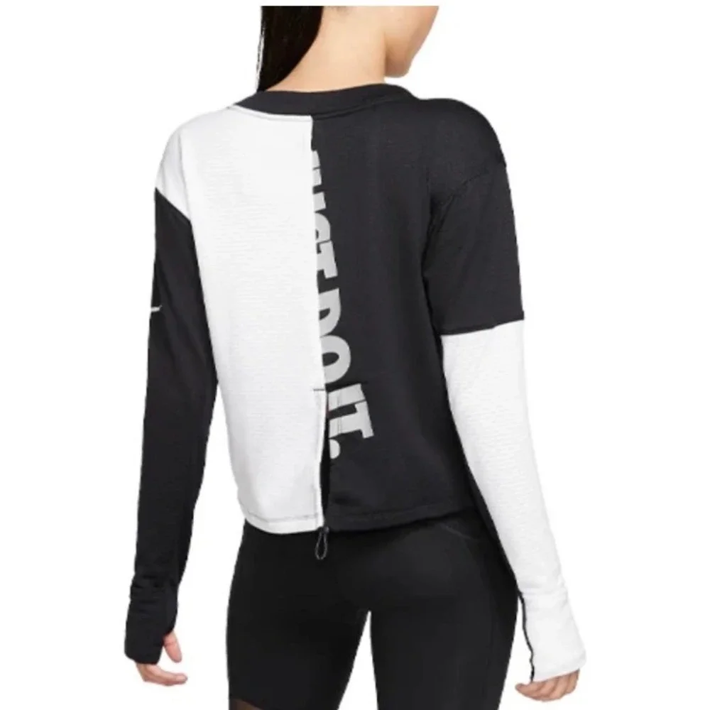 Nike Dri-FIT Just‎ Do It Colorblock Long Sleeve Cropped Top Black White - XS